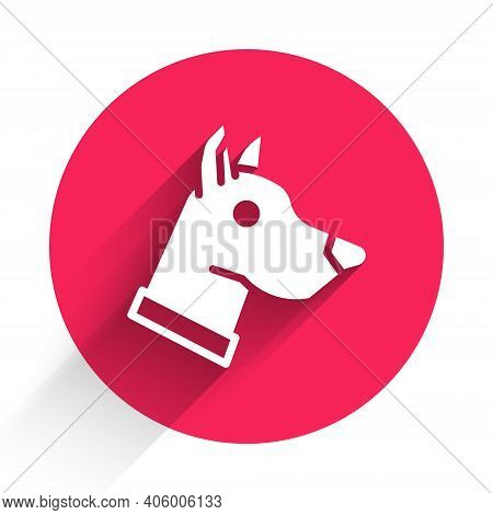 White Dog Head Icon Isolated With Long Shadow. Red Circle Button. Vector