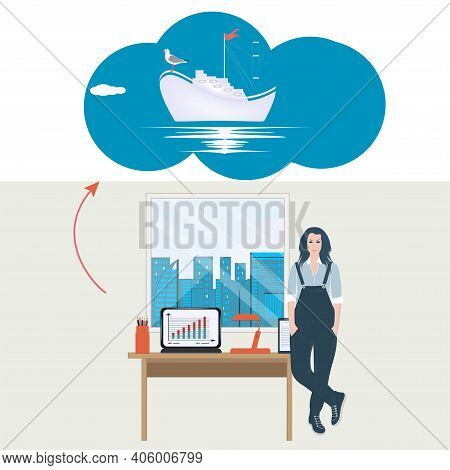 Woman, Freelancer, Workplace. Dream About Sea Cruise - Vector. Hypothetical Vacation. Travel Plannin