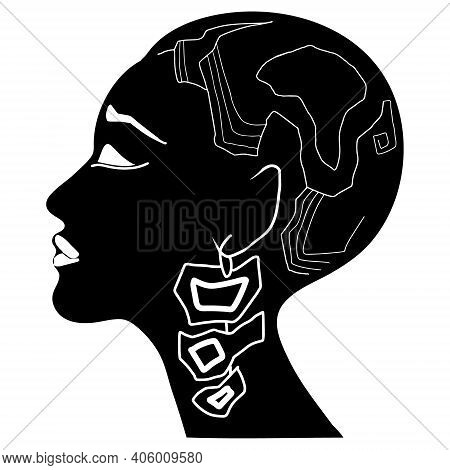 Elegant Silhouette Of Bald Or Short Haired Female Head And Face. White And Black Style. Vector Illiu