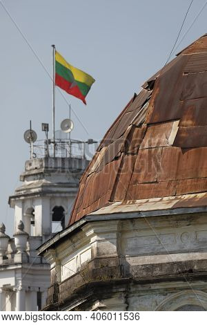 Yangon, Myanmar - December 19, 2019: Close-up Of The Southern Yangon District Court Building Dome Wi