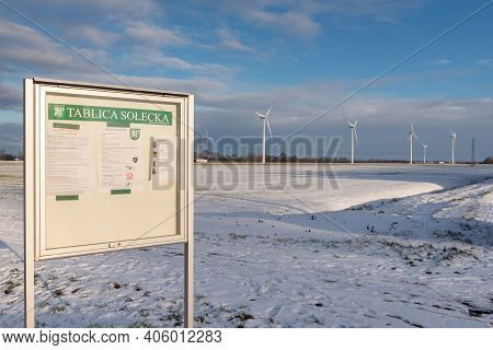 Pruszcz Gdanski - January 31, 2021: Information Board Of The Village Of Pruszcz Gdański. Wind Farm I
