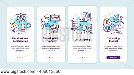 Co Creation Types Onboarding Mobile App Page Screen With Concepts. Firm-customer Collaboration, Co-d