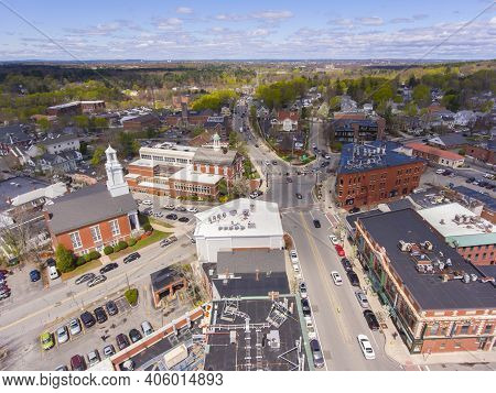 Aerial View Of Historic Center Of Andover On Main Street In Andover, Massachusetts, Ma, Usa.