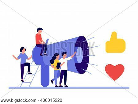 Social Media Marketing Concept With People Characters. Share Quality Advertising Content And Get Pos