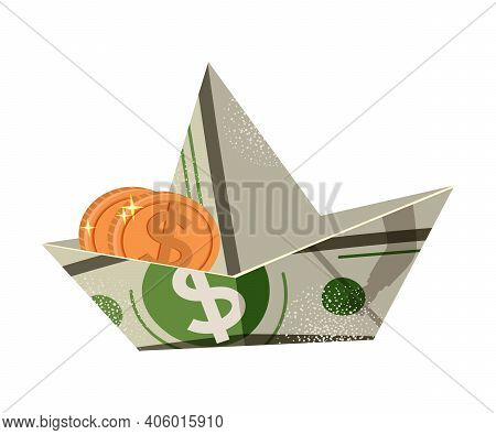 Boat Folded From Dollar Banknote With Coin In It As Asset And Money Abundance Vector Illustration