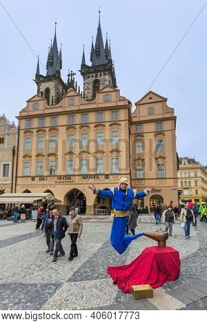 Prague Czech Republic - 19 October 2017: Street performer dressing as Genie and the Magic Lamp.