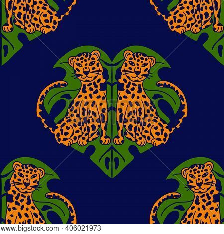 Leopard And Monstera Leaf Seamless Vector Pattern. Tropical Background