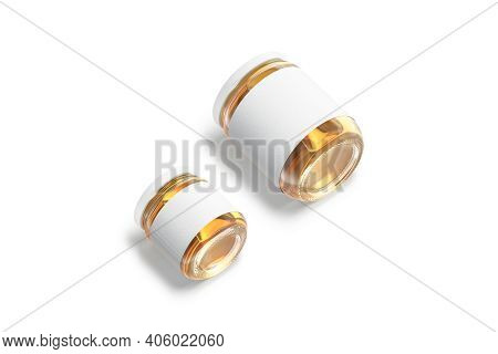 Blank Big And Small Glass Jar With White Label And Honey Mockup, 3d Rendering. Empty Sweet Jam Or Me