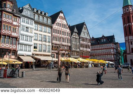 Frankfurt, Germany - August 26 2015: Famous Historical Landmark Of Romerberg Square With People Arou