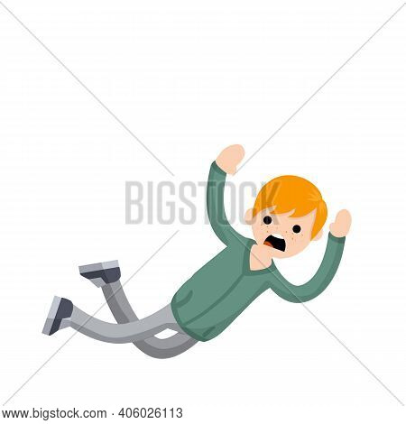 Screaming Man Falls From Height. Horror And Fear Of Heights - Phobia Acrophobia. Cartoon Flat Illust