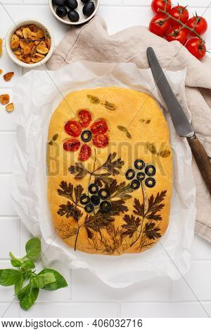 Homemade Flower Focaccia. Creative Idea Of Focaccia Cooking. Crispy Focaccia With Vegetables. Top Vi