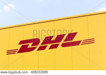 Tilst, Denmark - September 2, 2018: Dhl Logo On A Truck. Dhl Express Is A Division Of The German Log