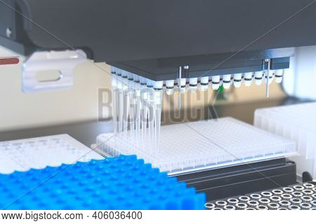 Automation In The Clinical Laboratory. Pipetting Robot Laboratory. Medicine Robotics. Research And S