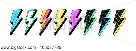 Isolated Lightning Bolt Signs. 2st Set Of Flash Thunderbolts With Texture For Zine Retro Culture And