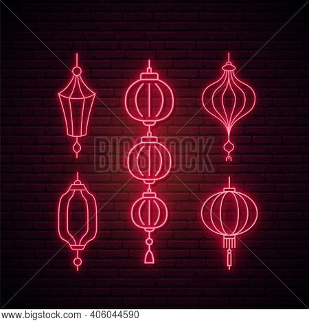 Neon Chinese Lanterns Set On Brick Background. Glowing Red Chinese Lanterns Collection. Stock Vector