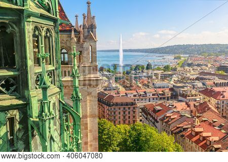 Geneva Skyline, Leman Lake, Jet Deau Fountain, Bay, Harbor And Tower Of Cathedral, French Swiss In S