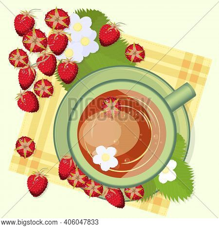 A Cup Of Strawberry Tea With Berries, Leaves And Strawberry Flowers Top View. Berry Drink, Medicinal