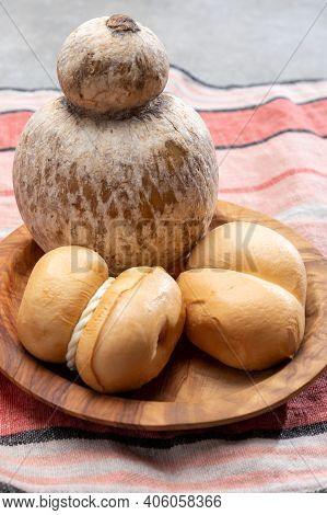 Italian Semi Hard Handmade Smoked Scamorza And Caciocavallo Matured In Caves Cheeses Made From Cow M