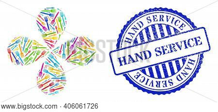 Fork Colorful Explosion Flower Shape, And Blue Round Hand Service Corroded Stamp Print. Object Centr