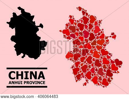 Love Mosaic And Solid Map Of Anhui Province On A Pink Background. Mosaic Map Of Anhui Province Compo