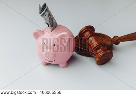 Gavel And Pink Piggy Bank With Dollar Bill