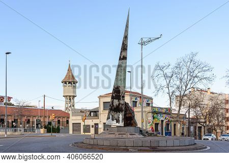 Sabadell - Catalonia, Spain - January 31st Of 2021: Roundabout And Monument Dels Agents Comercials, 