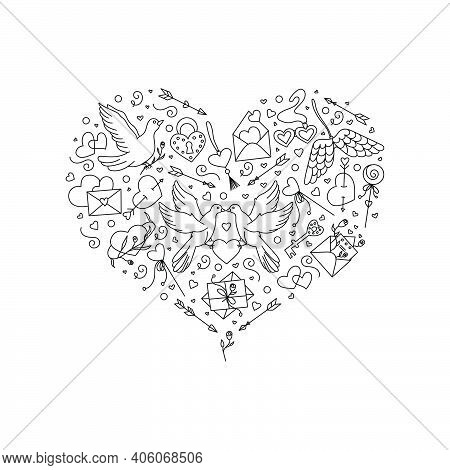 Heart Shape Hand-drawn Element From Doves, Love Envelopes, Arrows And Hearts. Valentine's Day Elemen