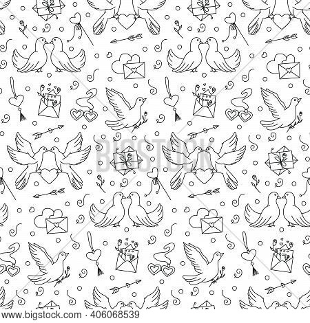 Vector Seamless Pattern With Doves And Love Envelopes. Valentine Background For 14 February Celebrat