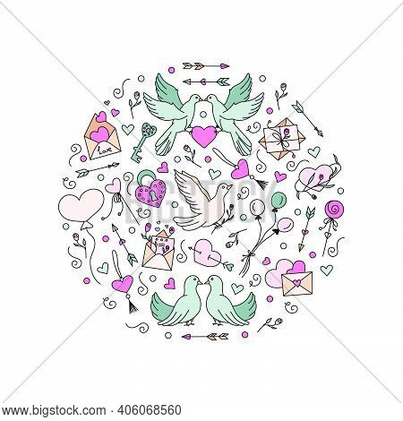 Round Shape Hand-drawn Element From Doves, Love Letters, Arrows And Hearts. Valentine's Day Elements