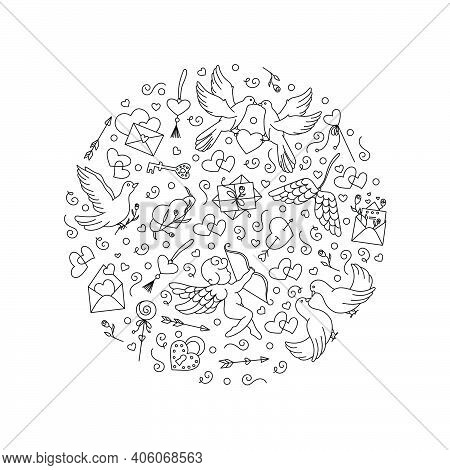 Round Shape Hand-drawn Element From Doves, Love Envelopes, Arrows, Hearts And Cupid. Valentine's Day