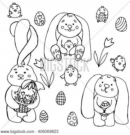 Hand-drawn Vector Rabbit Icons Set. Simple Cartoon Bunny Isolated