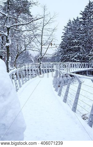 Cherkasy, Ukraine, January 2021. Metal New Beautiful Bridge In The Zoo Of Cherkasy City In Snowy Win