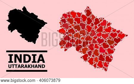 Love Mosaic And Solid Map Of Uttarakhand State On A Pink Background. Mosaic Map Of Uttarakhand State