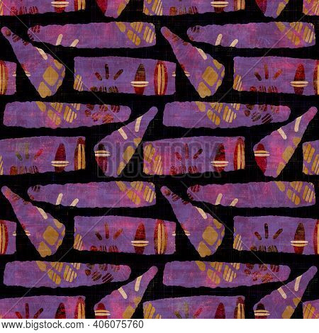 Seamless Dark Geometric Block Print Background. Boho Ethnic Soft Furnishing Fabric Style. Tie Dye Pa