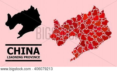 Love Mosaic And Solid Map Of Liaoning Province On A Pink Background. Mosaic Map Of Liaoning Province
