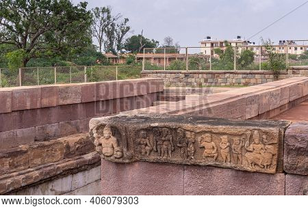Aihole, Karnataka, India - November 7, 2013: Huchchimalli Gudi Or Temple. Closeup Of Small Brown Sto