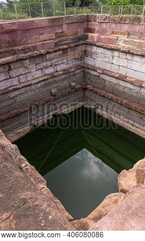 Aihole, Karnataka, India - November 7, 2013: Huchchimalli Gudi Or Temple. Closeup Of Deep Square Gre