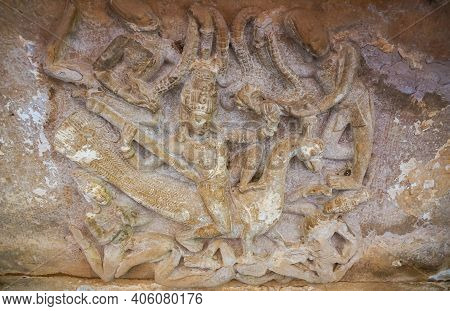 Aihole, Karnataka, India - November 7, 2013: Huchchimalli Gudi Or Temple. Closeup Of Murugan Sitting