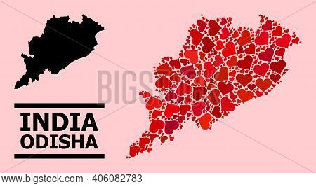 Love Mosaic And Solid Map Of Odisha State On A Pink Background. Mosaic Map Of Odisha State Composed 