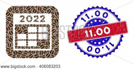Vector Collage 2022 Week Calendar And Grunge Bicolor 11.00 Seal Stamp. Mosaic 2022 Week Calendar Des