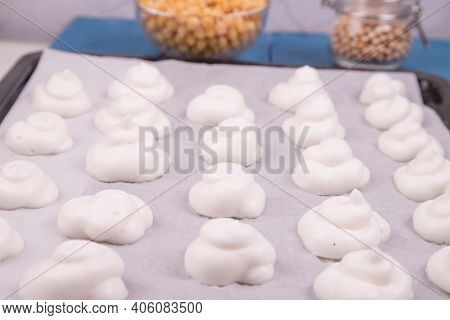 Homemade Meringue From Aquafaba. Preparation Of Vegan Meringue With A Decoction Of Chickpeas. Aquafa