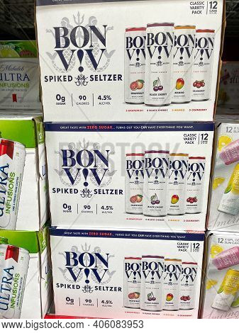 Cases Of Bon Viv Hard Spiked Seltzer Alcohol Beverages At A Sams Club Store.