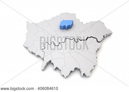Greater London Map Showing Haringey Borough In Blue. 3d Rendering