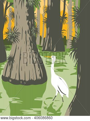 Wpa Poster Art Of The Everglades National Park, An American National Park In Florida With Egret In M