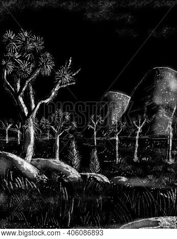 Chalk Or Pastel Drawing Illustration Of The Joshua Tree National Park In Southern California With Ru