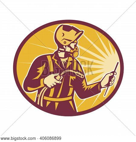 Illustration Of Welder Worker Wearing A Half Mask Respirator And Holding Welding Torch Viewed From S