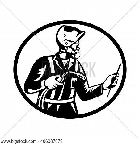 Illustration Of Welder Worker Wearing A Half Mask Respirator And Holding Welding Torch Side View Set