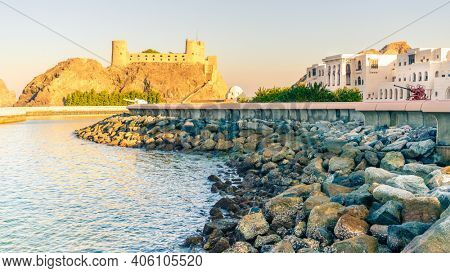View of Al Alam Royal Palace and Al Jalali Fort in Muscat, Oman
