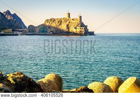 View of Al Mirani Fort from behind Al Alam Royal Palace in Muscat, Oman