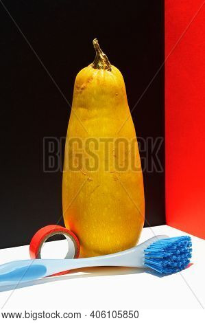 Zucchini, Duct Tape And Brush Over Modern Black White Red Background.